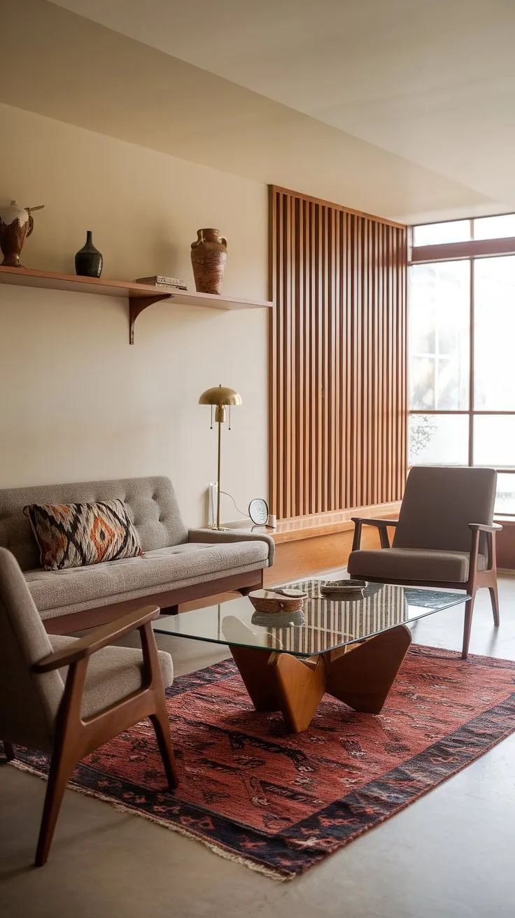 Bathed in the warm glow of the afternoon sun, this mid-century modern living room exudes a sense of calm and understated elegance. The carefully curated details, from the patterned throw pillow to the brass lamp, create a space that is both stylish and inviting, a perfect sanctuary for relaxation and contemplation. The large window, framed by a vertical wooden slat divider, allows for abundant natural light, further enhancing the room's cozy ambiance.