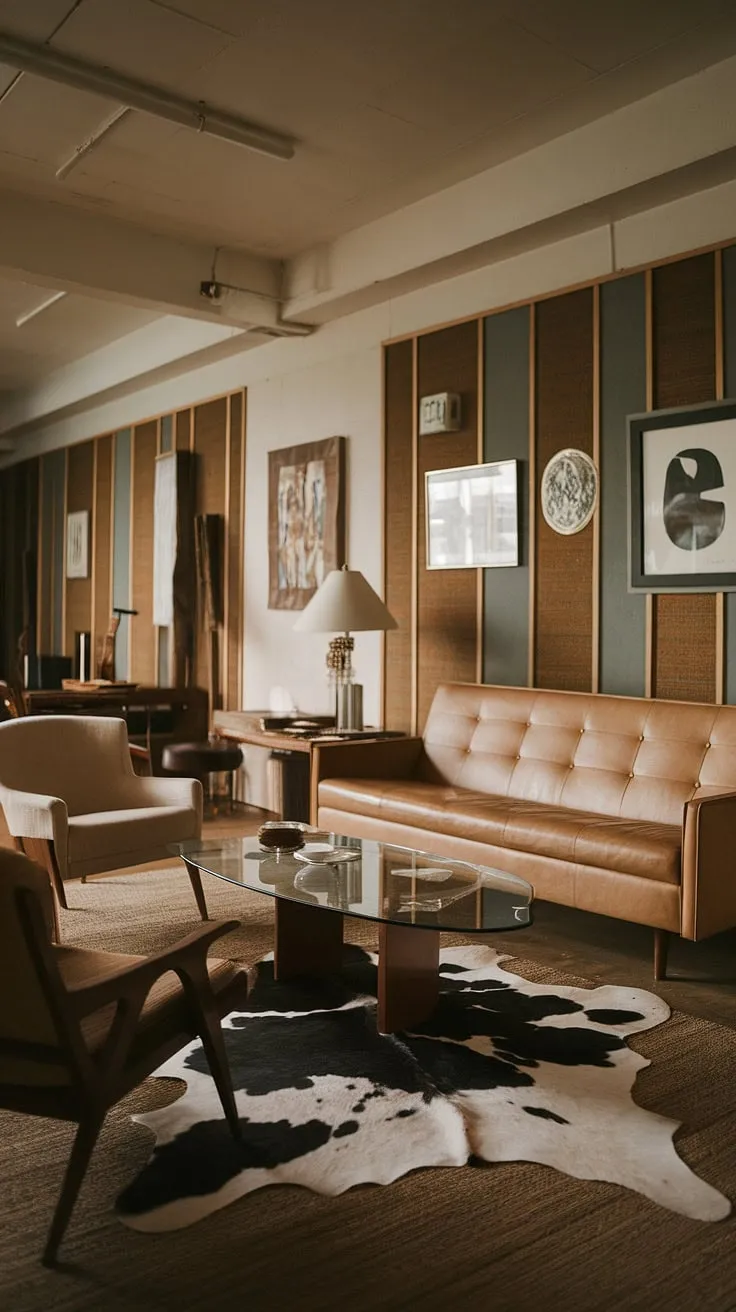 A haven of calm and style. This mid-century modern space, with its low ceiling and carefully chosen furnishings, exudes a sense of understated elegance. The beige sofa and cowhide rug create a textural contrast, while the glass-topped coffee table adds a touch of sophistication. A perfect example of how to create a cozy and stylish living room.
