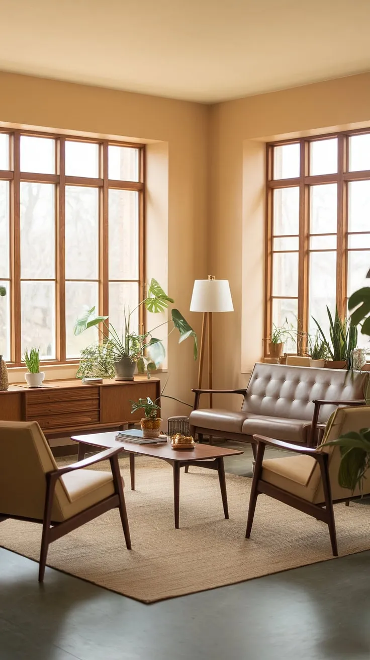 This mid-century modern living room is a study in understated elegance. The natural light, the warm beige walls, and the clean lines of the wooden furniture all contribute to a feeling of serenity. It's a space designed for comfortable living, where one can easily unwind and enjoy the simple pleasures of life. The addition of greenery adds a touch of nature, completing the tranquil atmosphere.