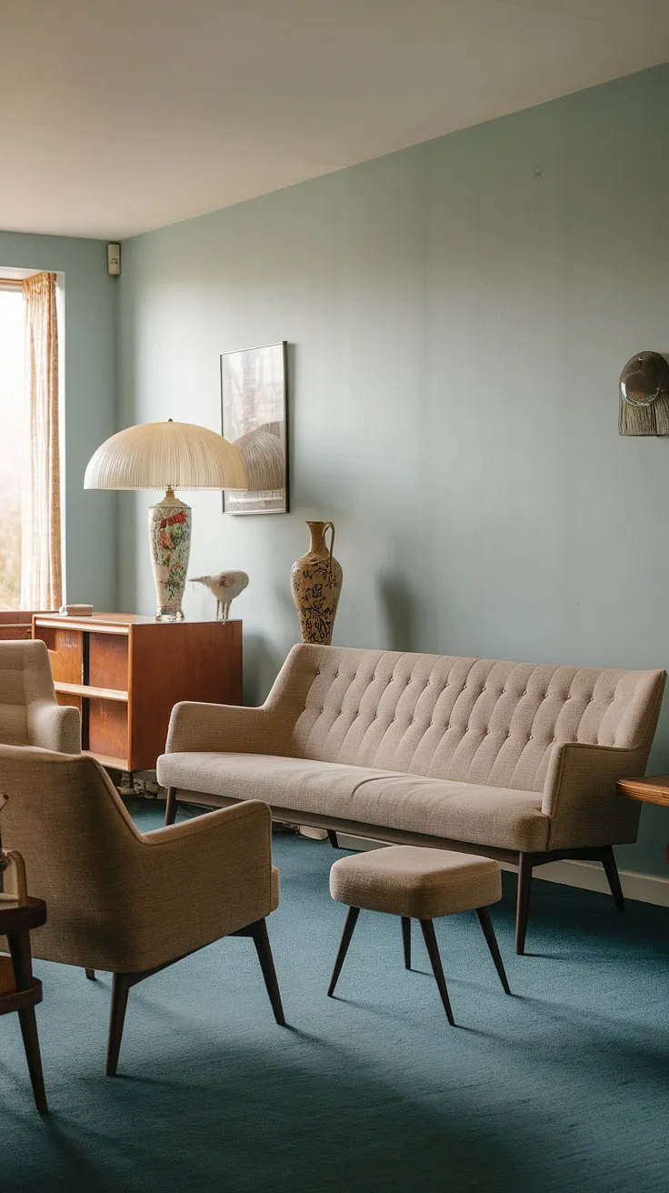 Bathed in the soft glow of a vintage lamp, this mid-century modern living room exudes a sense of calm and understated elegance. The pale blue walls and dark blue carpet create a sophisticated backdrop for the beige sofa and accompanying chairs, while carefully chosen vintage pieces add character and warmth. A perfect blend of style and comfort, this space is an invitation to relax and unwind.