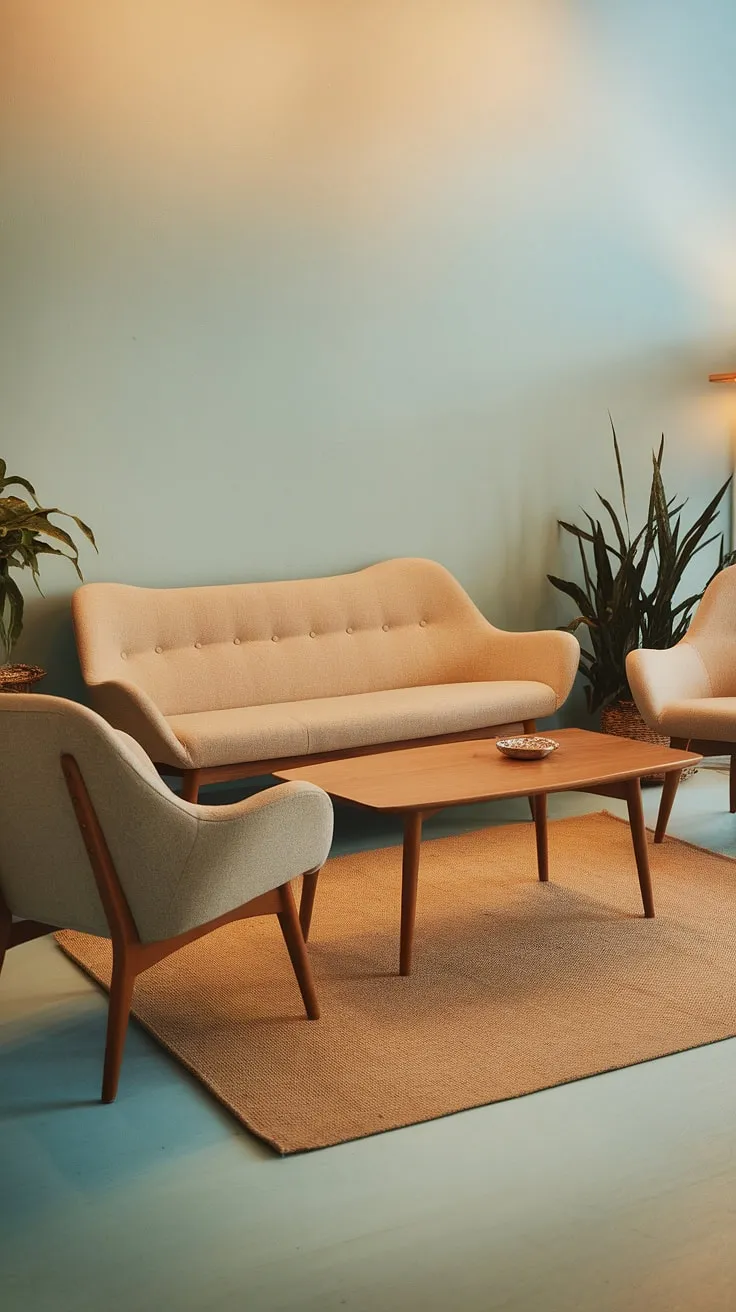 Bathed in warm light, this mid-century modern living room exudes a sense of calm and understated elegance. The curved lines of the furniture, the soft beige palette, and the subtle pops of green from the potted plants create a haven of tranquility. A perfect space for quiet contemplation and comfortable conversation. A testament to timeless design.