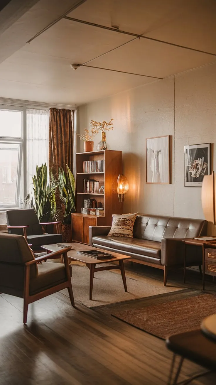 This mid-century modern space effortlessly blends form and function. The clean lines of the Bauhaus-inspired furniture are softened by the plush textures of the throw pillows and the warm glow of the lamplight. The carefully selected artwork and the vibrant plant add personality and life to the room, creating a welcoming and inviting atmosphere. A perfect example of how thoughtful design can transform a house into a home.
