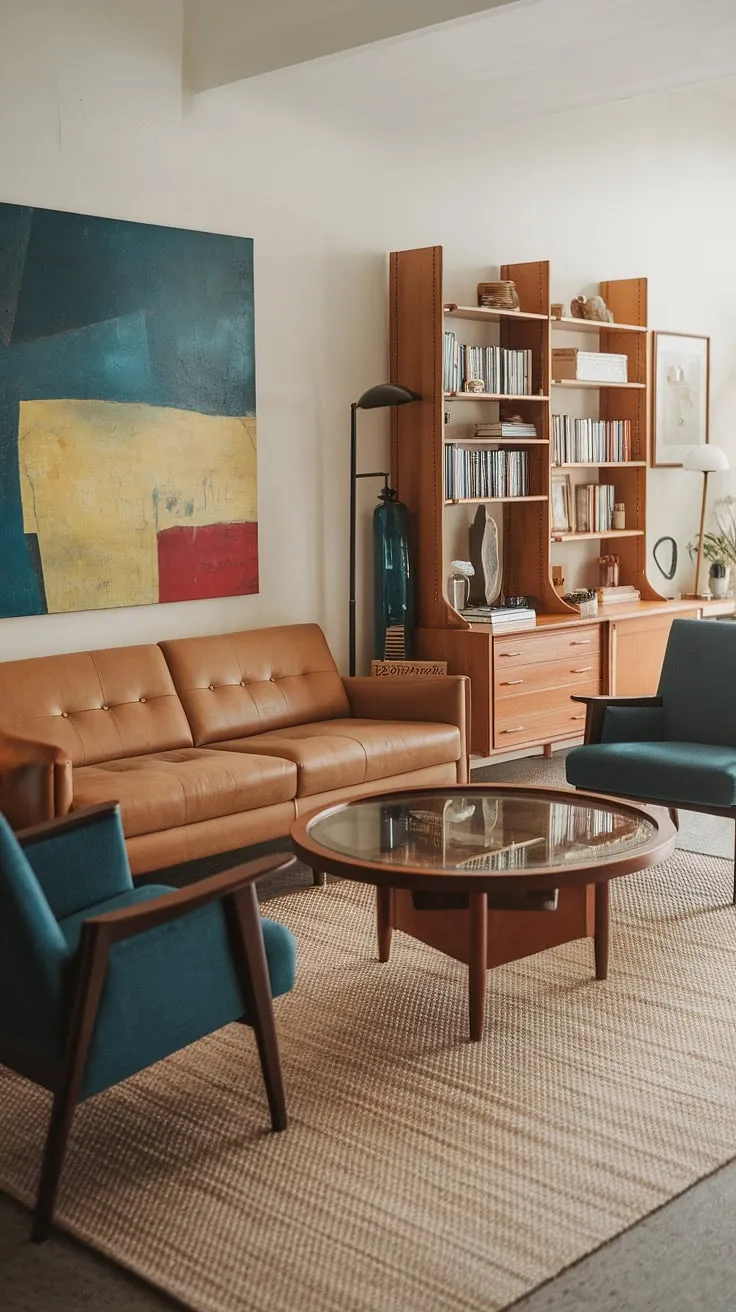 Mid-century modern living at its finest. The warm tan sofa, complemented by the vibrant abstract art and cool blue armchairs, creates a space that's both stylish and inviting. A perfect blend of comfort and sophisticated design. A truly relaxing atmosphere.