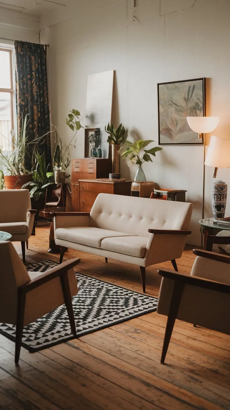 This mid-century modern living room is a testament to timeless style. The carefully chosen furniture, from the elegant sofa to the charming side table, creates a space that is both sophisticated and inviting. The subtle pops of color and the carefully placed plants add a touch of personality, making it the perfect place to unwind and relax.