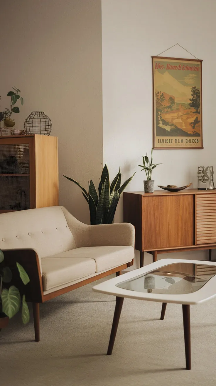 Mid-century modern living at its finest. The calming beige and white palette, accented by the lush green plant and a vintage poster showcasing a breathtaking landscape, creates a space that's both stylish and incredibly cozy. A perfect example of how thoughtful design can transform a room into a tranquil retreat. This is where memories are made.