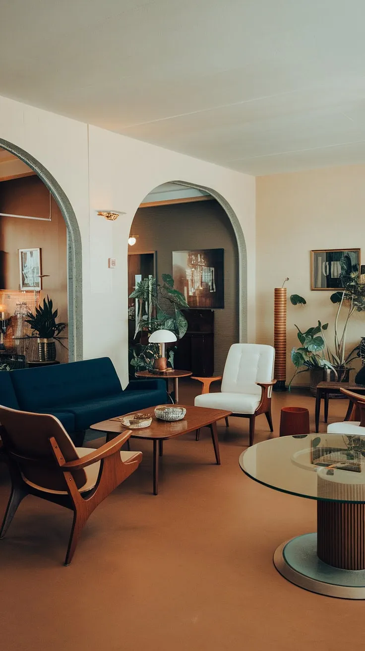 Step back in time with this beautifully preserved mid-century modern living room. The calming beige walls provide a perfect backdrop for the rich blue sofa and the carefully selected wooden furniture. The soft lighting and thoughtful placement of plants create a serene and welcoming ambiance, showcasing the enduring elegance of this era's design. A perfect blend of comfort and style.