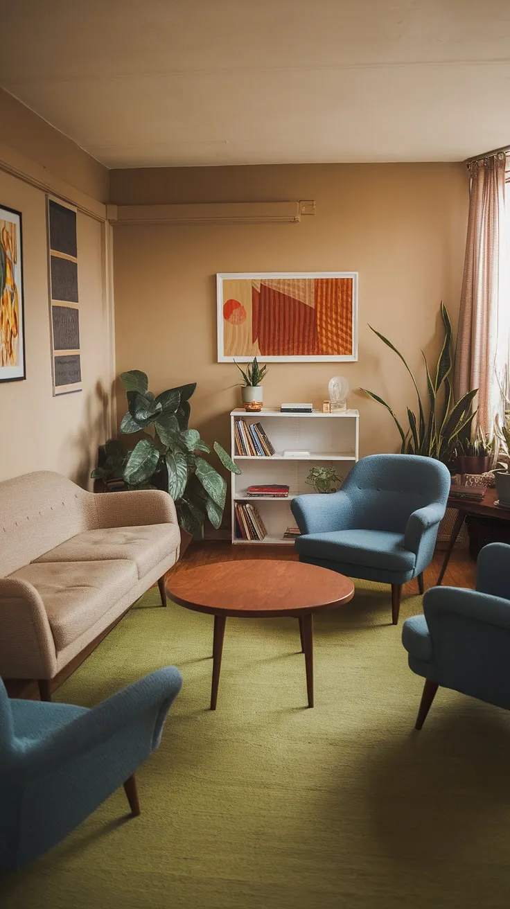 Bathed in warm light, this mid-century modern living room exudes a cozy charm. The beige sofa, blue armchairs, and wooden coffee table create a relaxed atmosphere, perfectly complemented by the green rug and pops of greenery. A sense of calm and understated elegance permeates the space, making it the perfect sanctuary for quiet evenings and meaningful conversations.