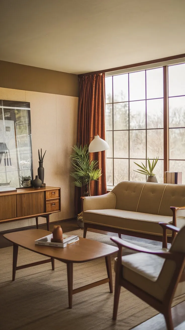 Sunlight streams through the large window, illuminating the warm beige tones of this mid-century modern living room. The carefully curated décor, including a comfortable sofa and armchair, creates a cozy and inviting atmosphere, a perfect blend of vintage charm and timeless design. A testament to the enduring appeal of Bauhaus principles.
