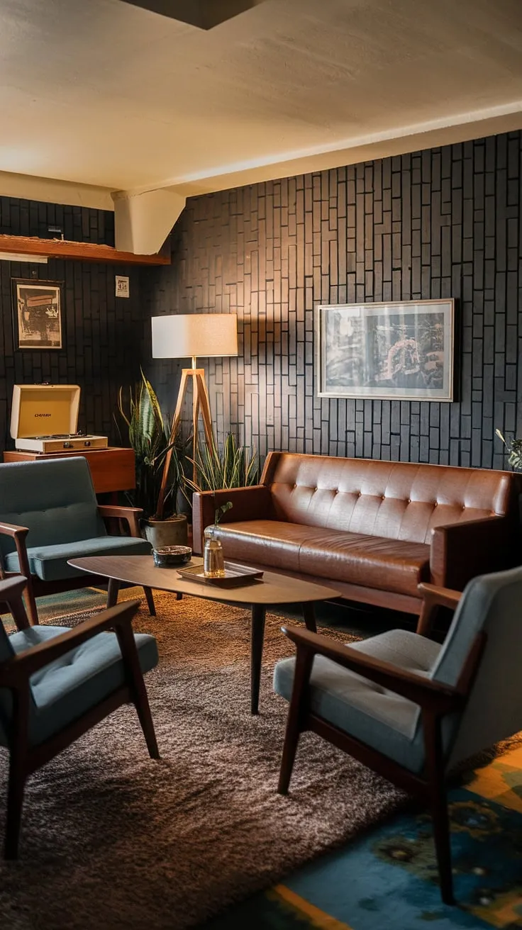 This mid-century modern living room is a study in understated elegance. The low ceiling adds to the intimate atmosphere, while the unique wall pattern and carefully chosen furniture pieces create a space that's both stylish and incredibly inviting. A place to unwind, relax, and lose yourself in the warmth of a perfectly curated environment. A true escape.