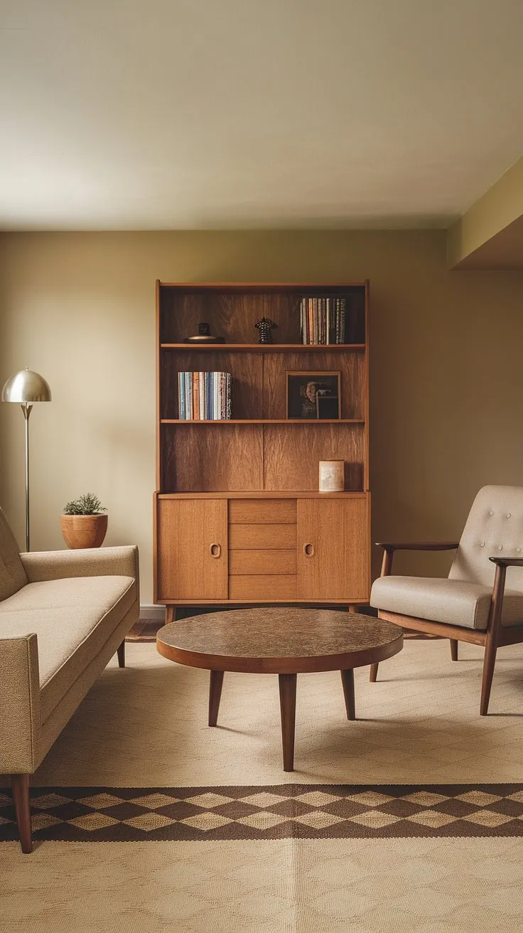 This mid-century modern basement apartment is a dream. The gentle light filtering through the space highlights the rich tones of the furniture and the intricate pattern of the rug. A carefully curated collection of books and decorative items adds personality, creating a space that's both stylish and inviting. A sanctuary of understated elegance.
