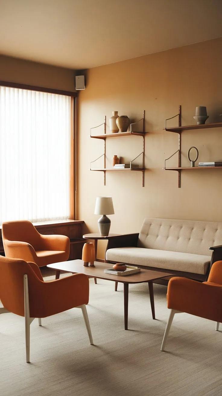 This mid-century modern space effortlessly blends functionality with style. The beige sofa and orange accent chairs offer comfortable seating, while the wooden coffee table and shelving units provide ample space for displaying cherished objects. A harmonious blend of textures and tones creates a welcoming ambiance, making it the perfect sanctuary for unwinding after a long day.