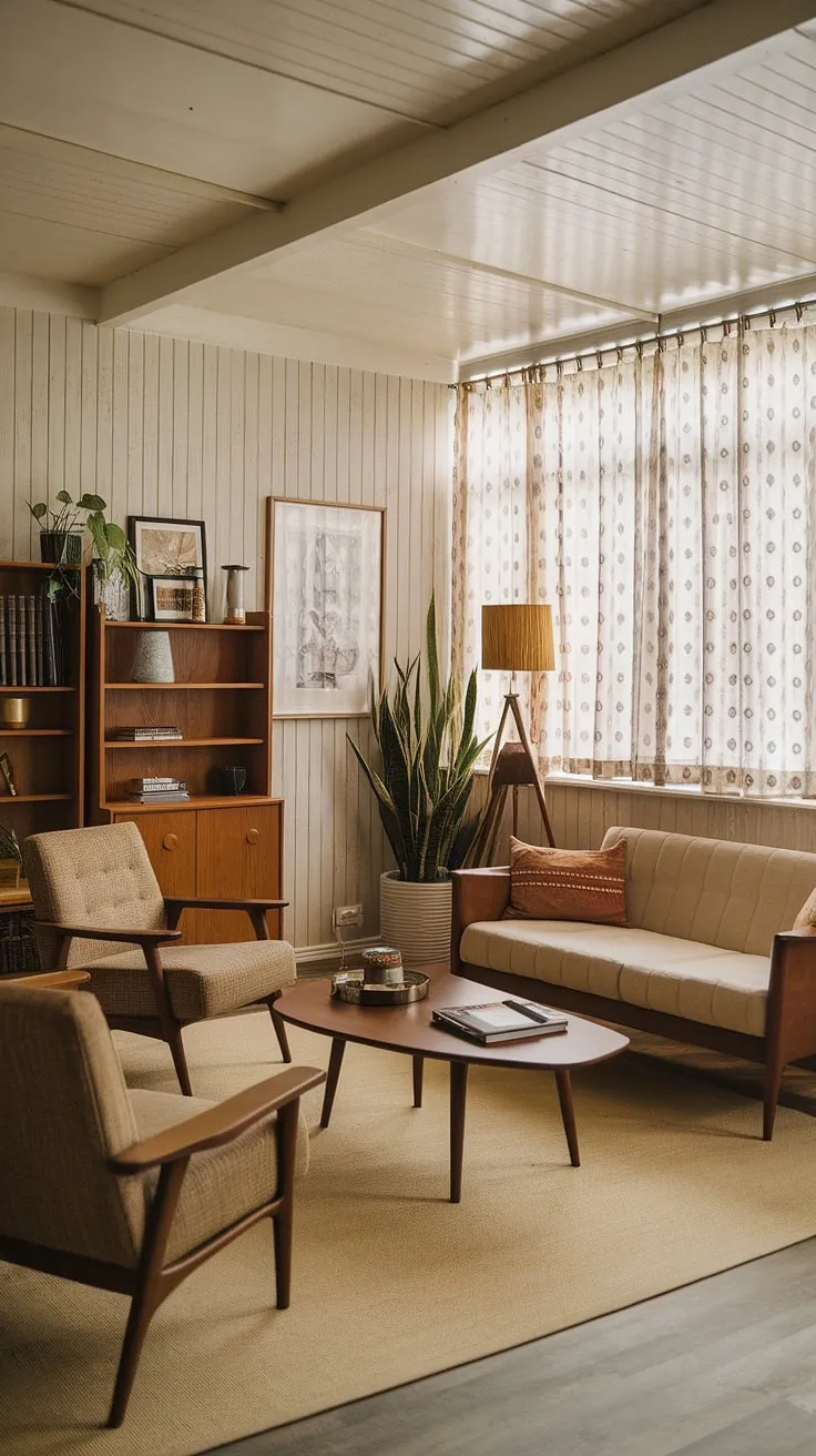 Bathed in the warm glow of the afternoon sun, this mid-century modern living room exudes a timeless charm. The carefully curated furniture, from the plush beige sofa to the elegant armchairs, creates a cozy haven perfect for quiet contemplation or lively conversation. A sense of calm pervades the space, enhanced by the natural light filtering through the patterned curtains and the subtle wood grain of the walls and ceiling. The addition of a leafy green plant adds a touch of life and vibrancy to this perfectly balanced a aesthetic.
