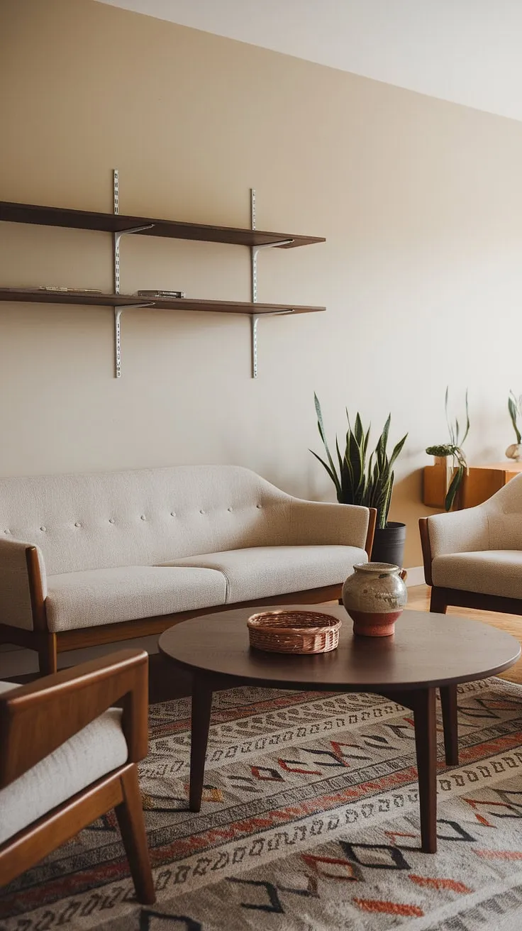 Bathed in warm sunlight, this mid-century modern living room exudes a timeless elegance. The beige sofa and armchair, complemented by the dark wood coffee table and patterned rug, create a harmonious and inviting space. A wicker basket and a ceramic pot with a thriving plant add a touch of nature, completing this perfectly curated a sanctuary.