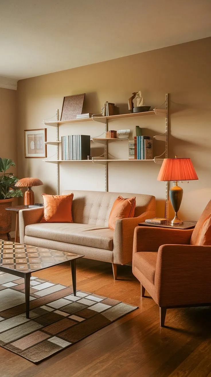 Bathed in warm light, this mid-century modern living room exudes a sense of calm and sophisticated comfort. The carefully curated details, from the geometric patterned rug to the vibrant orange accents, create a space that is both stylish and inviting. A perfect haven for relaxation and connection.