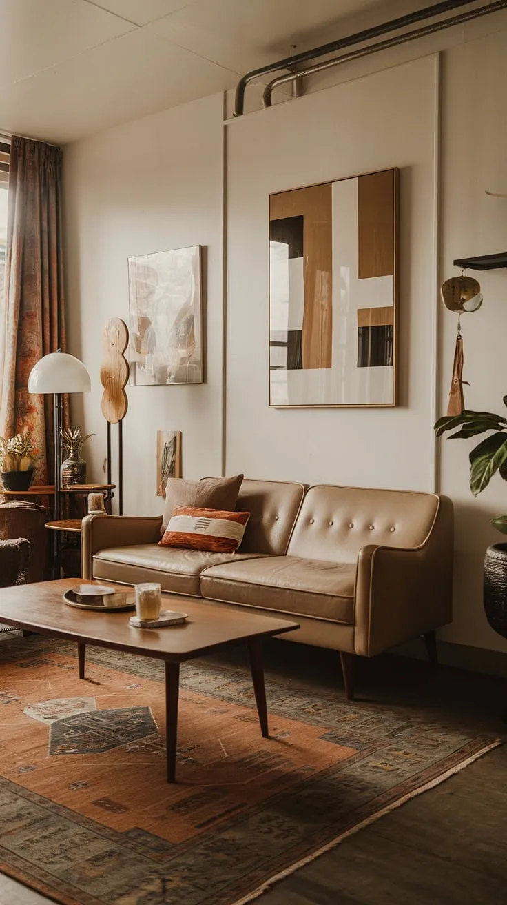 This Bauhaus-inspired living room perfectly balances form and function. The minimalist aesthetic, punctuated by carefully chosen vintage pieces and a touch of greenery, creates a tranquil and inviting atmosphere. Every detail, from the wooden coffee table to the strategically placed artwork, speaks to a refined and timeless design sensibility.