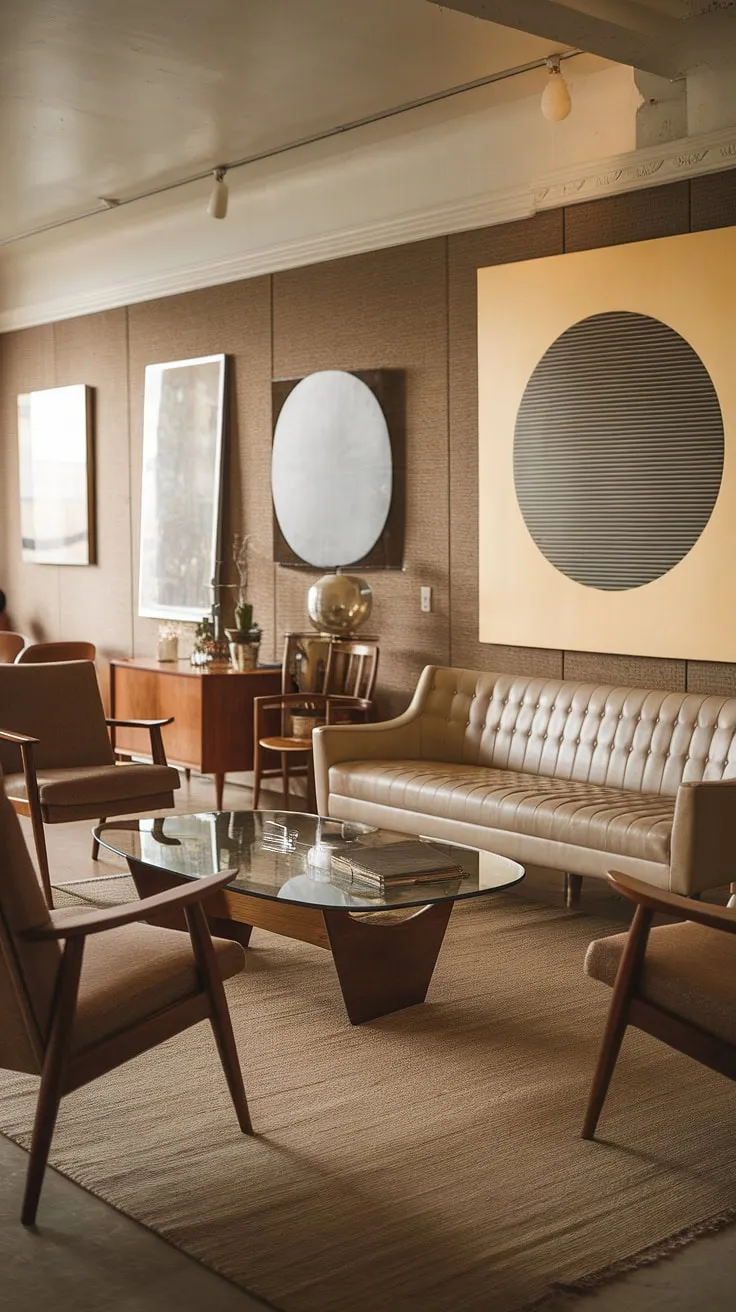 Step back in time to this mid-century modern haven. The warm beige tones, sleek lines, and carefully curated artwork create a cozy and sophisticated atmosphere, perfect for unwinding after a long day. A testament to timeless design and understated elegance.