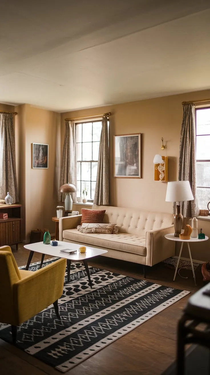 This mid-century living room, bathed in warm light, is a testament to timeless design. A carefully curated collection of vintage pieces adds character and charm to the space, creating a comfortable and inviting atmosphere.