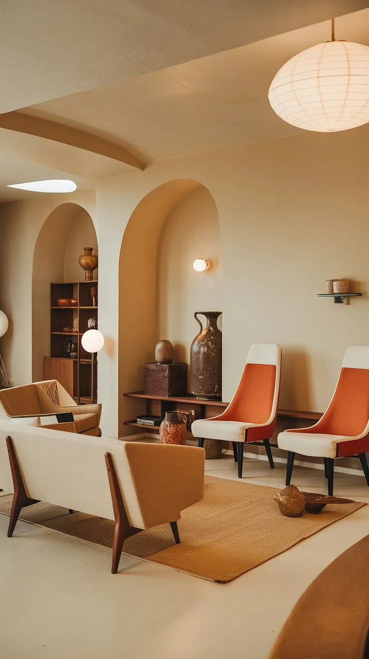 Bathed in the soft glow of a globe pendant light, this mid-century modern living room exudes a calm sophistication. The neutral palette, punctuated by pops of orange, creates a cozy and inviting atmosphere, perfectly embodying the Bauhaus principle of form following function. A testament to timeless design.
