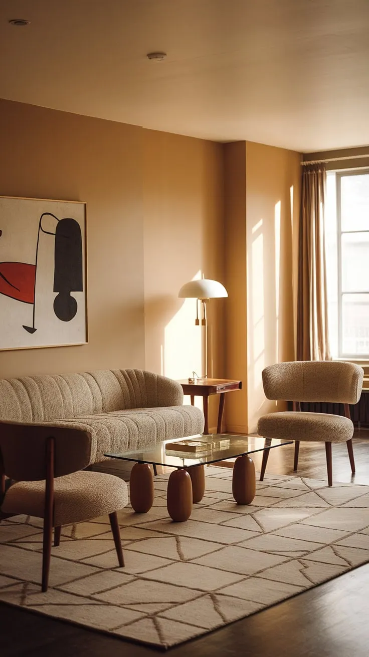 Sun-drenched serenity in this mid-century modern living room. The warm palette, plush textures, and iconic Bauhaus lamp create a space that's both stylish and incredibly inviting. A perfect blend of vintage charm and modern comfort.