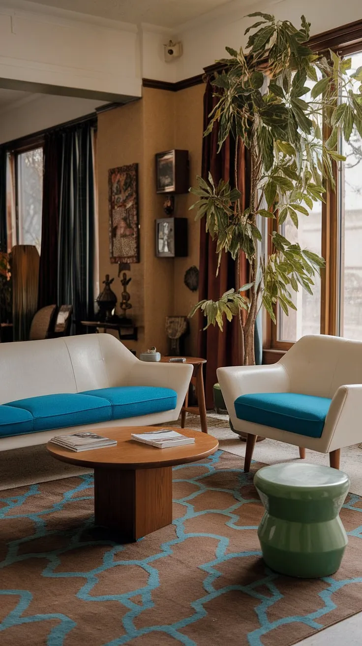 This mid-century modern haven is a testament to timeless design. The creamy walls, punctuated by vibrant accents of blue and green, create a harmonious backdrop for comfortable seating and carefully chosen vintage pieces. A space where comfort meets sophistication, inviting you to unwind and appreciate the simple pleasures.