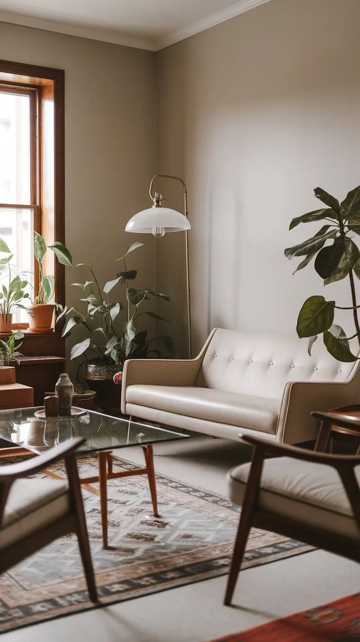 This mid-century modern living room is a study in understated elegance. The geometric shapes of the furniture, the soft beige tones, and the strategic use of plants create a space that is both stylish and inviting. The vintage lamp adds a touch of warmth, while the patterned rug grounds the room, creating a truly comfortable and sophisticated atmosphere. A perfect example of how to blend form and function seamlessly.