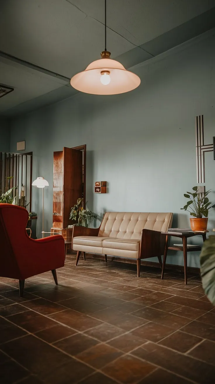 The low ceiling and soft lighting in this mid-century modern living room create an intimate and inviting atmosphere. A feeling of comfortable nostalgia is evoked by the vintage furniture: the beige sofa, the bold red armchair, and the dark brown tiled floor. The light blue walls and carefully placed plants complete the picture of relaxed sophistication. A truly timeless design.