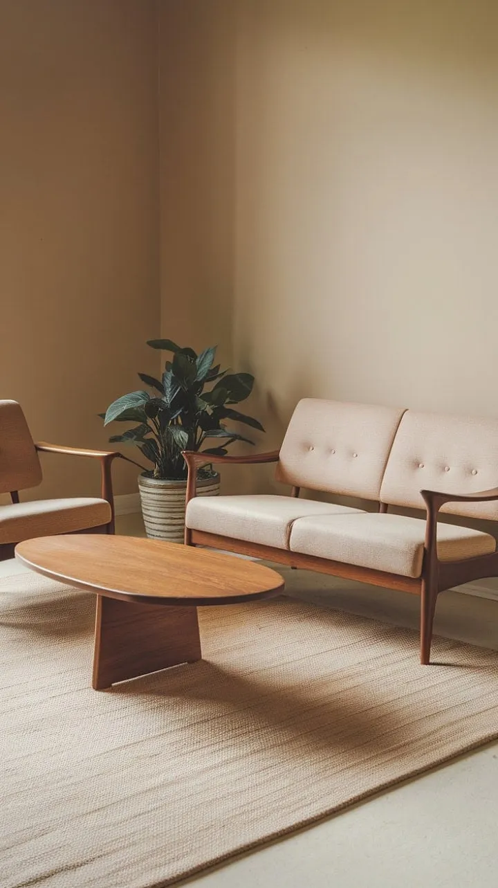 In a sunlit mid-century modern sanctuary, warm beige walls and gentle curves invite serene reflection amidst whispers of sophisticated simplicity.