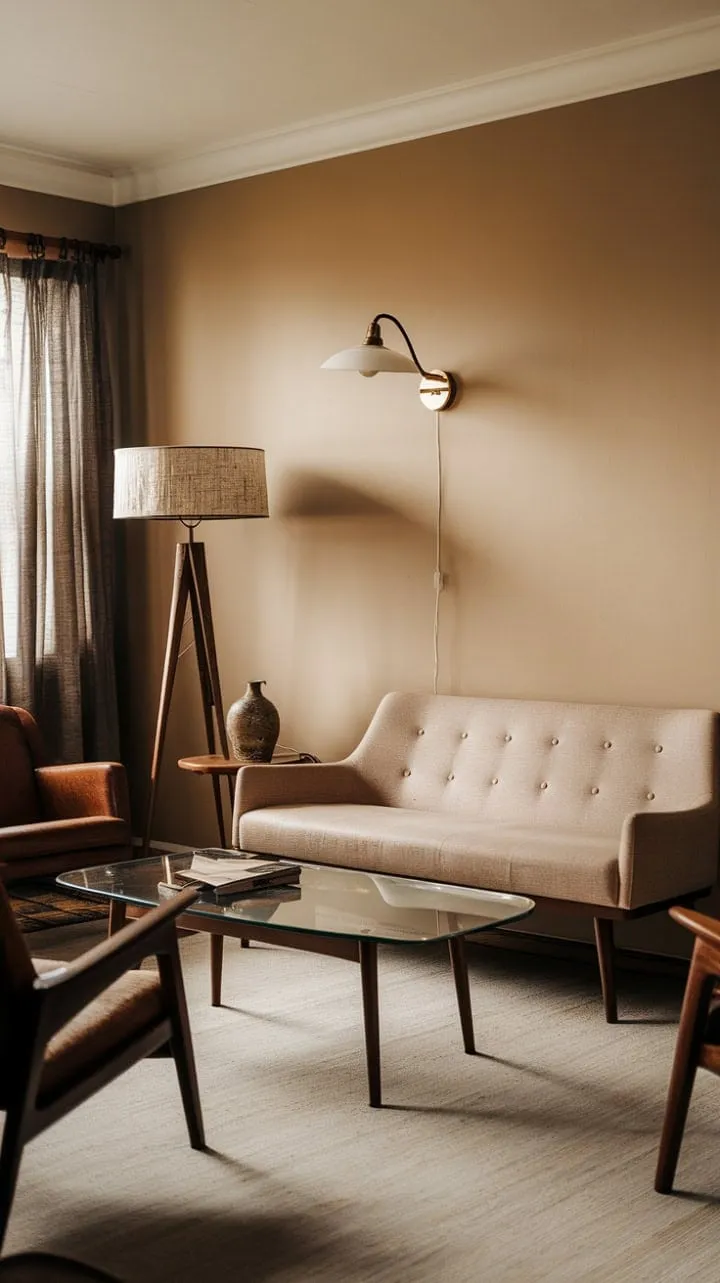 This mid-century modern space exudes subtle elegance through a serene neutral palette enhanced by rich wood tones and soft lighting, creating a tranquil haven of understated luxury.