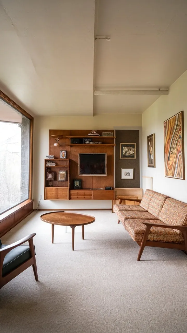 Sunlight dances on a vibrant sofa in a mid-century modern living room, where clean lines and warm hues evoke a serene sophistication.