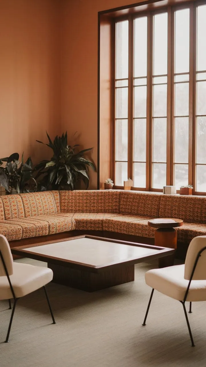 Bathed in warm orange light, this mid-century modern living room harmoniously blends vibrant patterns and minimalist elegance, embodying timeless sophistication and inviting comfort.