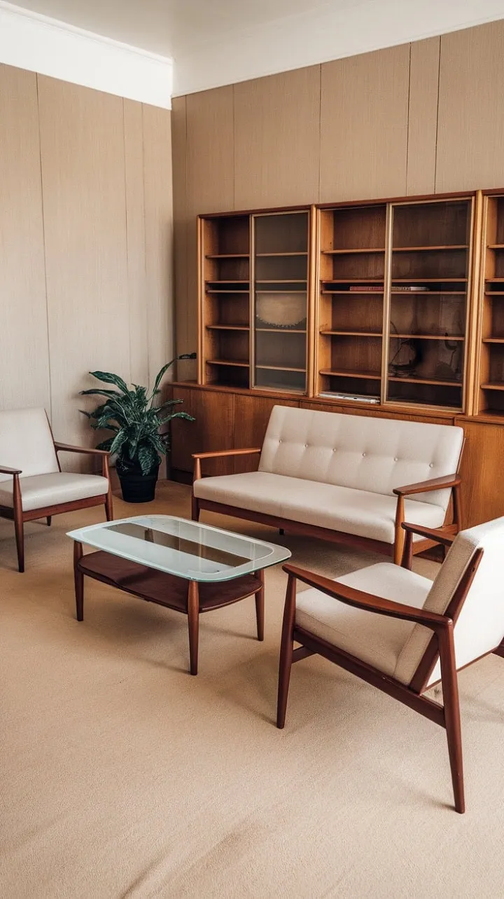 This mid-century masterpiece harmoniously fuses comfort and style, offering a serene sanctuary of calm and understated luxury through rich textures and light wood paneling.