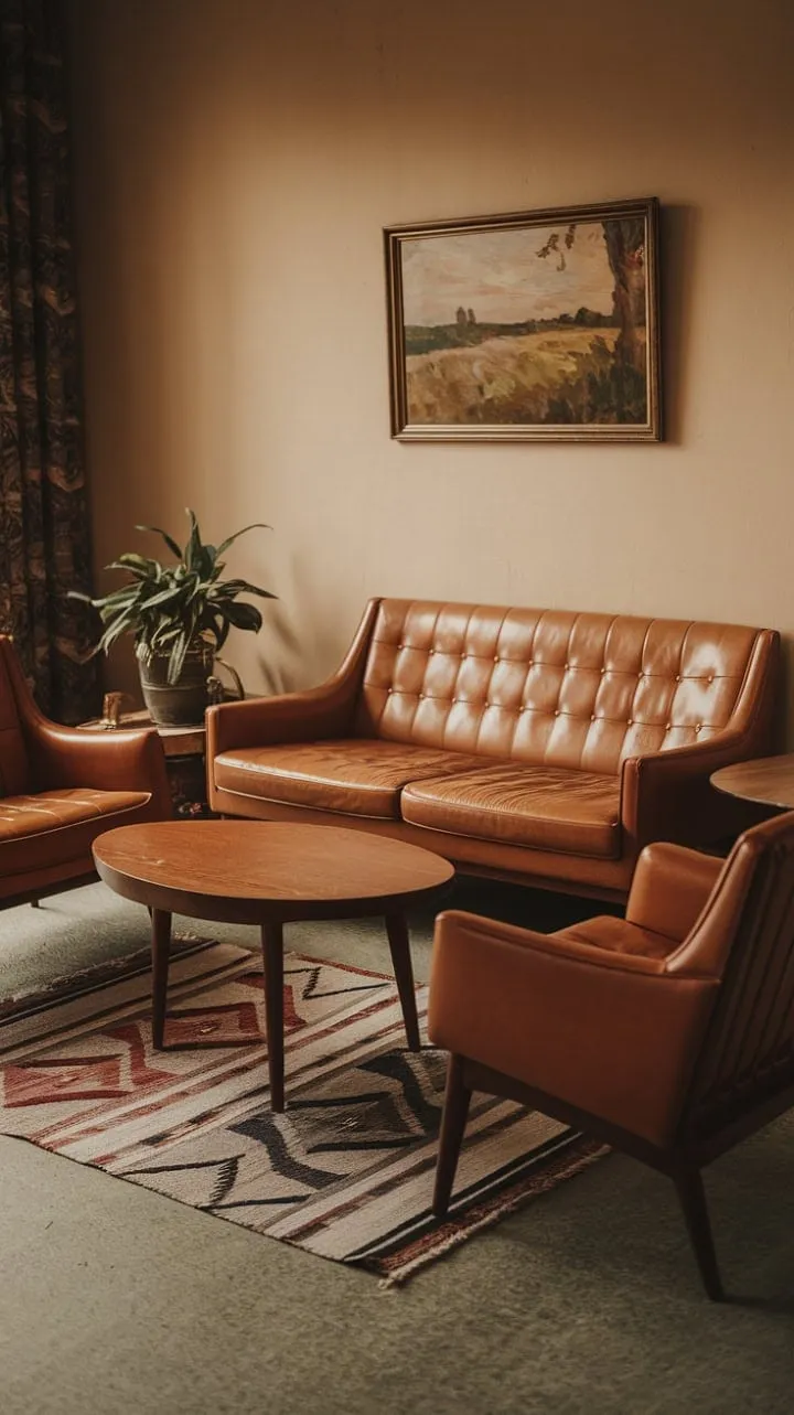 This mid-century modern living room, adorned with rich tan leather and geometric accents, exudes timeless elegance and invites cherished memories in its warm embrace.