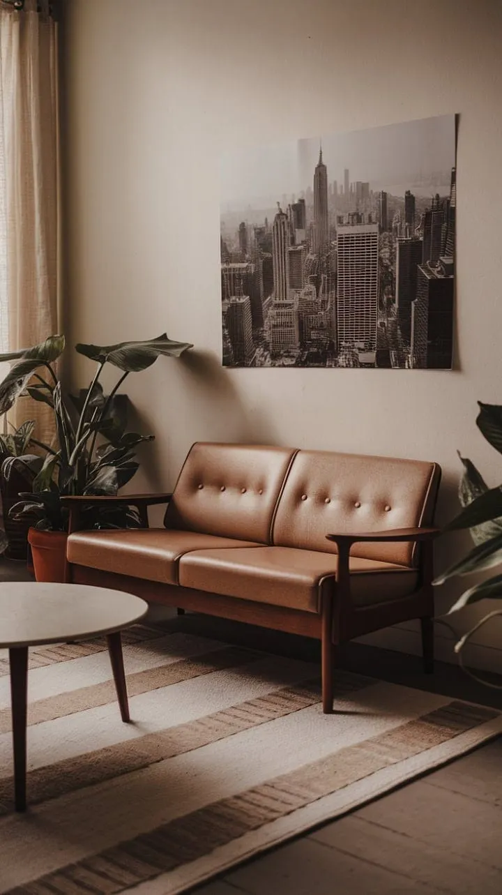 Bathed in warm, honeyed light, this mid-century modern living room exudes timeless elegance with its soothing beige upholstery, dark wood accents, and a nostalgic cityscape photograph.