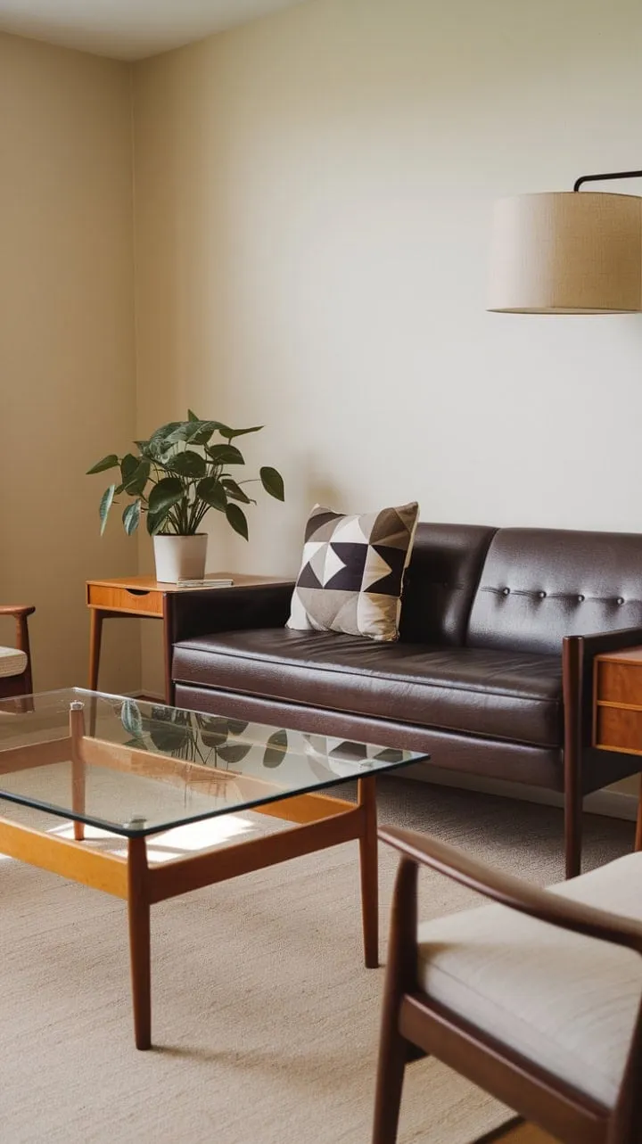 Bathed in the warm glow of a lamp, this mid-century modern oasis exudes calm sophistication through its geometric cushions and curated details, embodying timeless elegance.