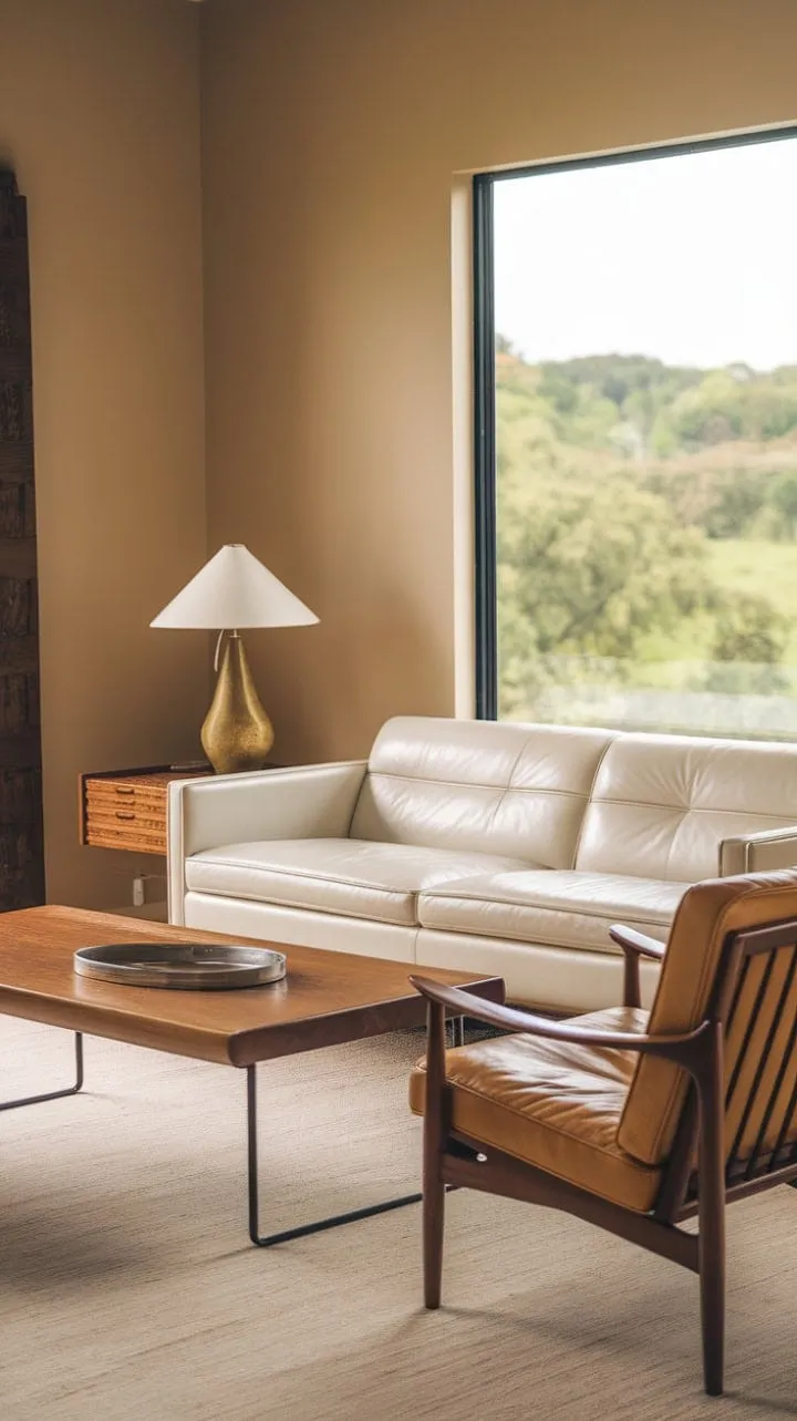This mid-century modern living room exudes understated elegance with its sophisticated blend of natural materials, minimalist design, and breathtaking panoramic views.