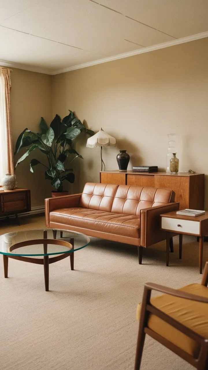 In a harmonious blend of warm beige and tan, this elegantly curated space showcases mid-century modern design, where a sleek glass coffee table and a lively potted plant breathe life into the serene atmosphere.