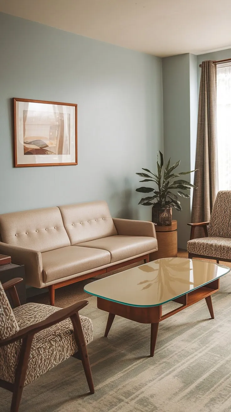 Relax and unwind in this impeccably styled mid-century modern lounge. The soft color palette, clean lines, and carefully chosen furniture-including the iconic beige sofa and unique accent chairs-create a sophisticated and inviting atmosphere. A perfect blend of comfort and classic design.