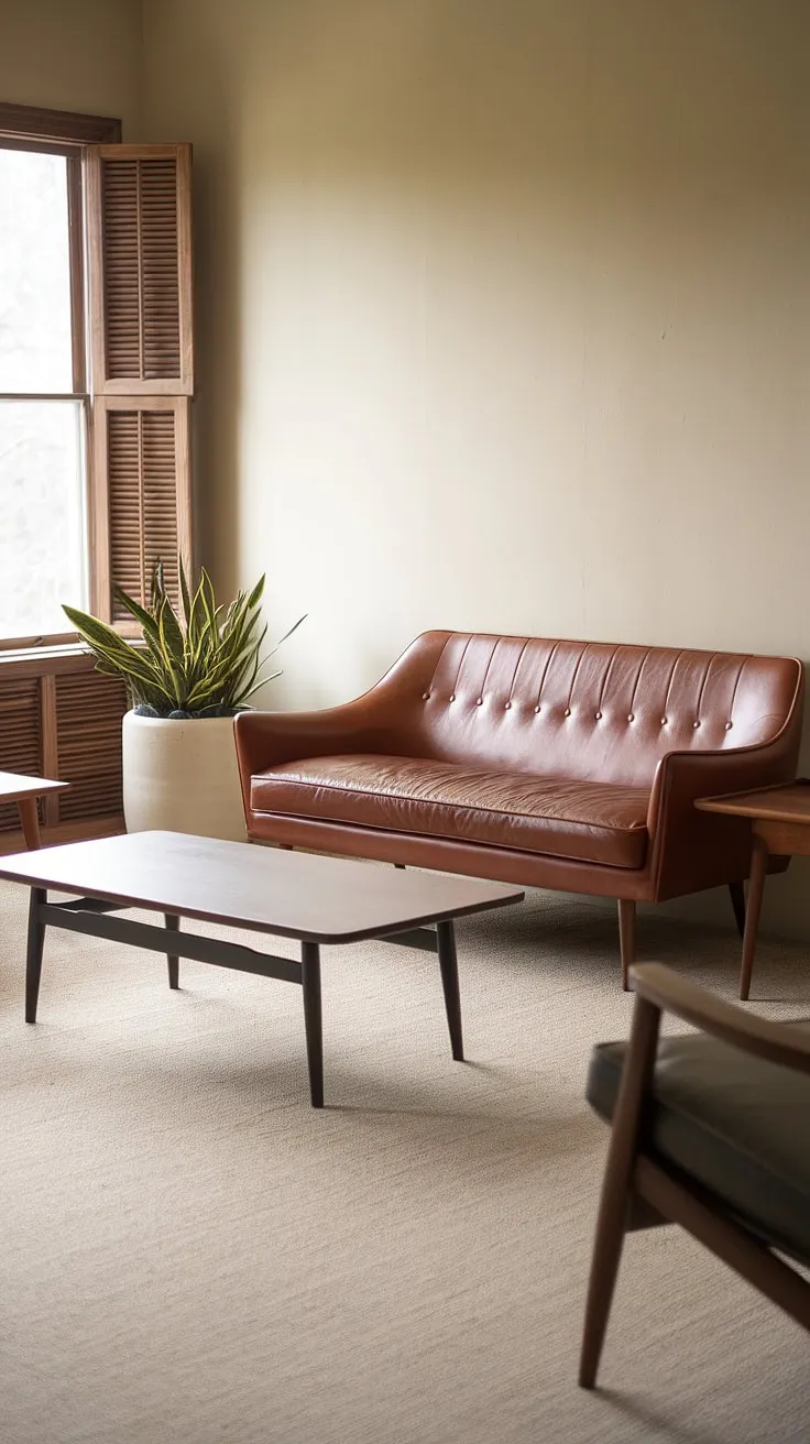 Stepping back in time, this mid-century modern living room exudes a timeless elegance. The warm beige walls and rich brown leather sofa create a cozy atmosphere, perfectly complemented by the sleek lines of the coffee table and the subtle texture of the carpet. A touch of nature softens the space, adding a sense of calm and serenity. A perfectly curated space for relaxation and contemplation.