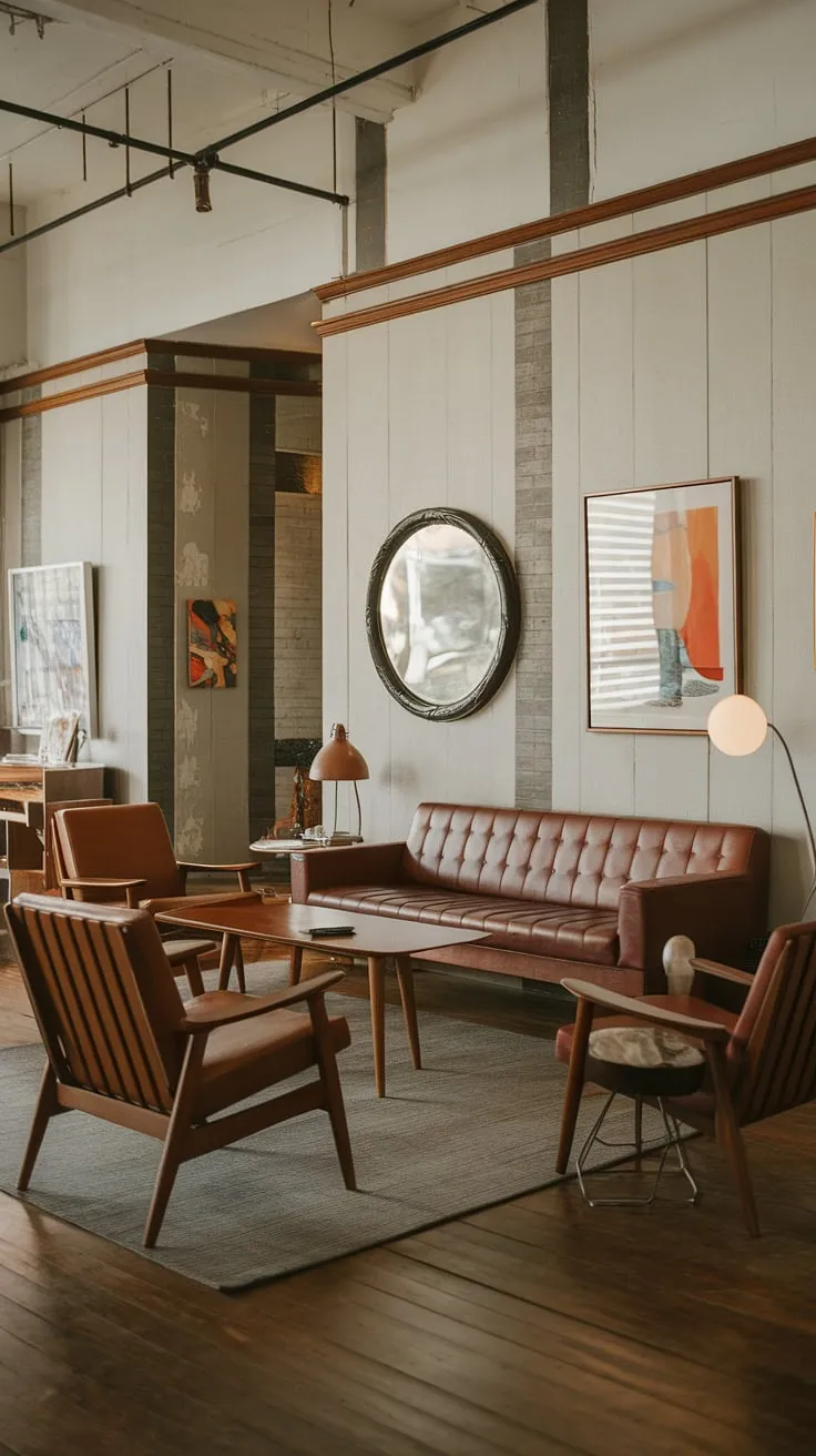 A haven of mid-century modern elegance. The clean lines, rich textures, and curated collection of art pieces combine to create a sophisticated and calming atmosphere. A perfect example of how classic design never goes out of style.