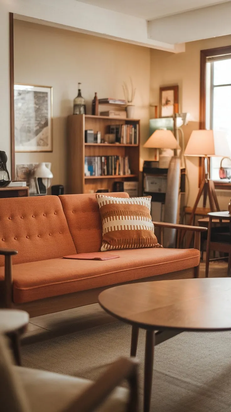 Bathed in warm light, this mid-century modern living room exudes a timeless charm. The vibrant orange sofa, perfectly complemented by the circular coffee table and curated details, creates a space that's both stylish and inviting. A haven of comfort and sophisticated design.