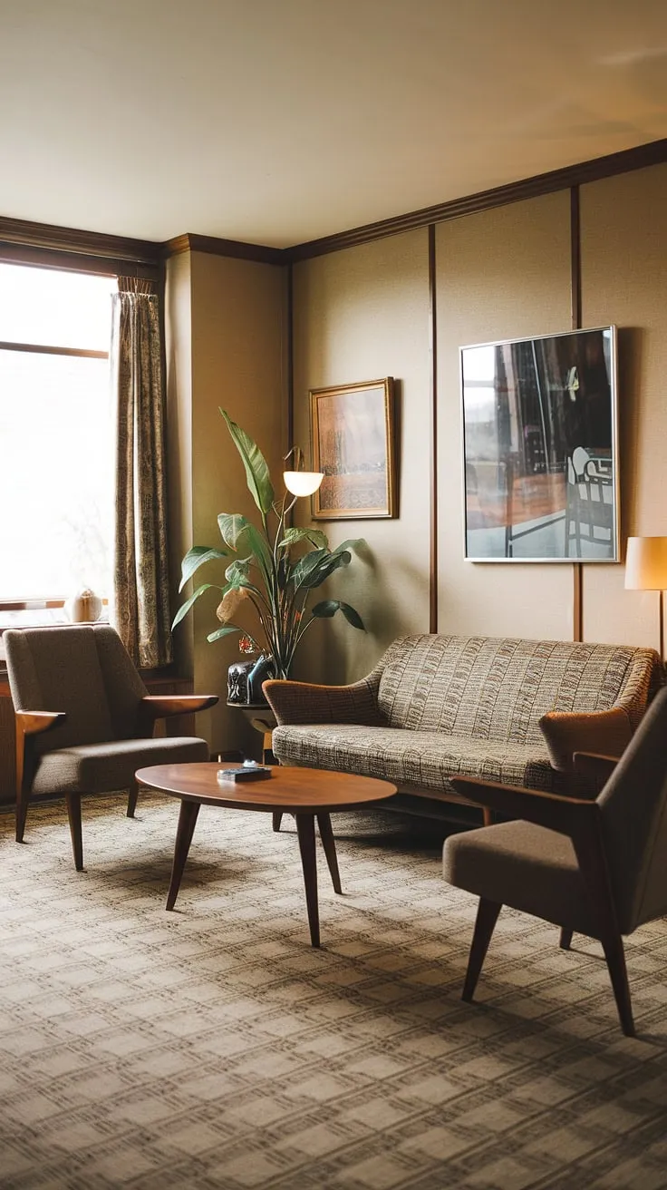 Step back in time to this mid-century modern living room, where vintage charm meets comfortable elegance. The patterned sofa, sleek armchairs, and geometric carpet create a space that's both stylish and inviting. A touch of nature softens the scene, adding warmth and life to this perfectly curated a retreat.