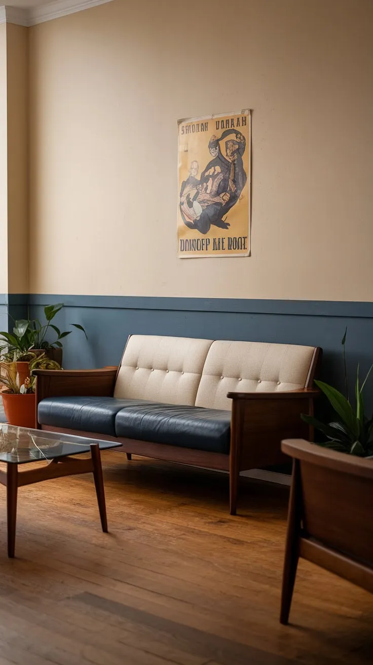Step back in time with this mid-century modern living room. The rich textures of the wood, the calming beige and dark blue palette, and the vintage poster create a space that's both sophisticated and effortlessly cool. A perfect blend of classic design and comfortable living.
