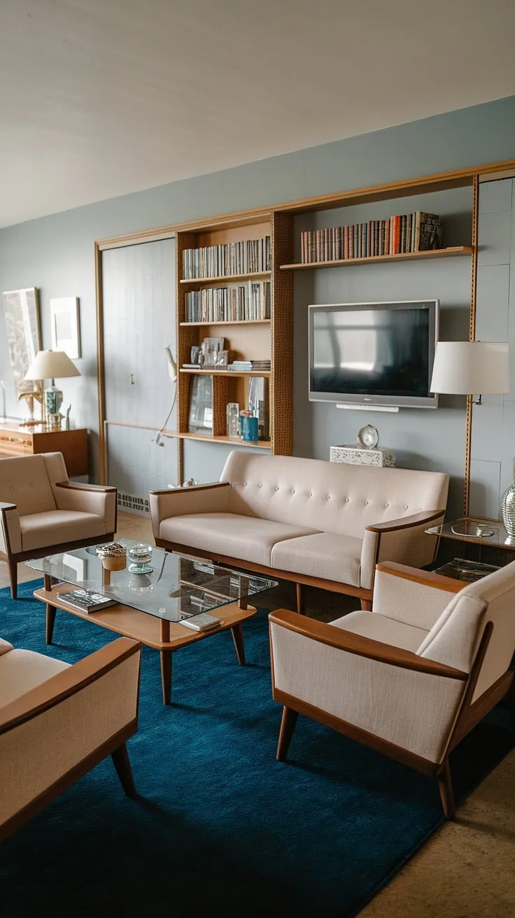 This vintage-inspired living room is a sanctuary of calm and sophistication. The mid-century modern furniture, featuring a comfortable beige sofa and matching armchairs, is perfectly complemented by the sleek lines of the wood and glass coffee table. The light blue walls and dark blue rug create a harmonious color palette, while the built-in wall unit provides ample storage and display space. A true reflection of refined taste and timeless style.