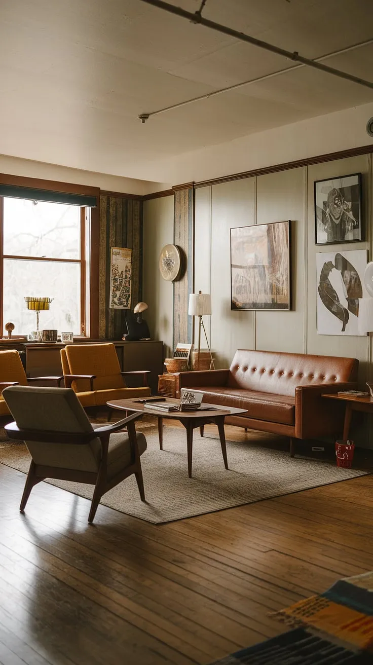 Stepping back in time: This mid-century modern living room, with its iconic lounge and plush sofa, exudes a timeless elegance. The warm wood floors and carefully curated artwork complete the vintage ambiance, creating a space where comfort and style effortlessly coexist. A perfect blend of classic design and modern living.
