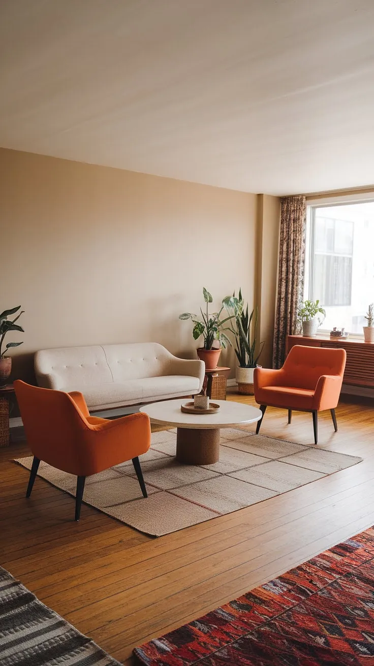 Sunlight streams through the patterned curtains, illuminating this serene mid-century modern living room. The beige sofa and orange chairs create a striking yet harmonious color palette, anchored by a simple white coffee table. A thoughtfully arranged space, brimming with understated elegance and a sense of quiet A-list sophistication.