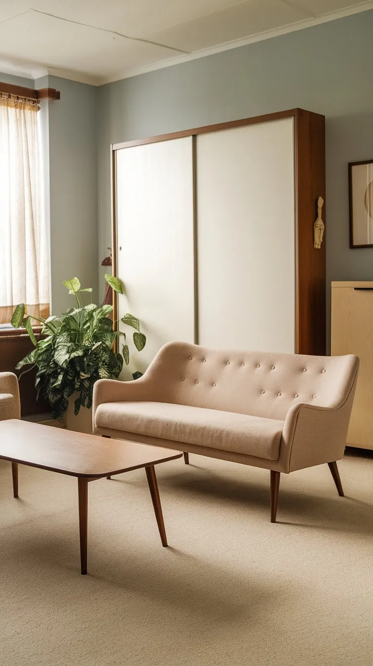 Stepping back in time: This mid-century modern living room, with its curved beige sofa and light blue walls, exudes a tranquil vintage atmosphere. The warm wood tones and simple lines create a space that's both stylish and inviting. A touch of greenery adds a vibrant contrast.