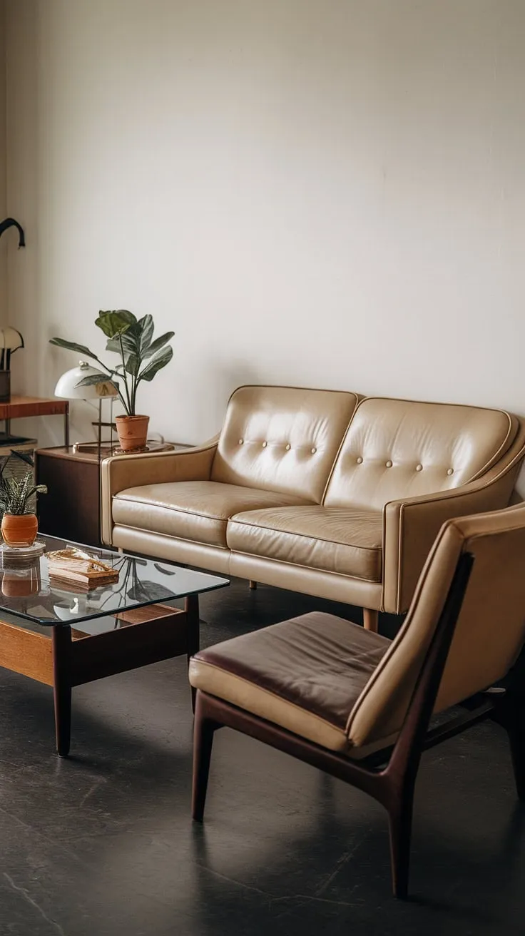 Stepping back in time with this mid-century modern living room. The warm beige leather of the sofa and chair, complemented by the rich tones of the coffee table and dark flooring, creates a sophisticated and inviting atmosphere. A perfect blend of comfort and classic design.