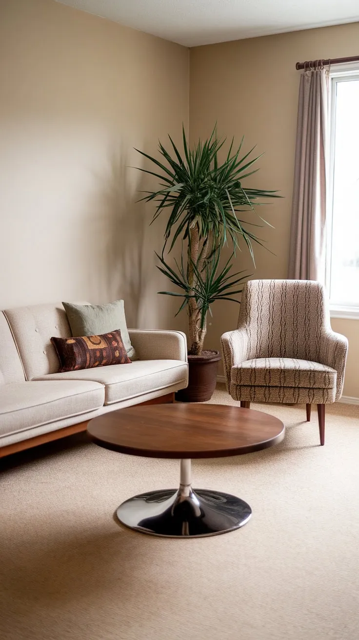 Stepping back in time, this mid-century modern living room exudes a timeless elegance. The warm beige palette, complemented by the sleek lines of the furniture and the lush greenery, creates a tranquil and inviting atmosphere. A perfect blend of comfort and style.