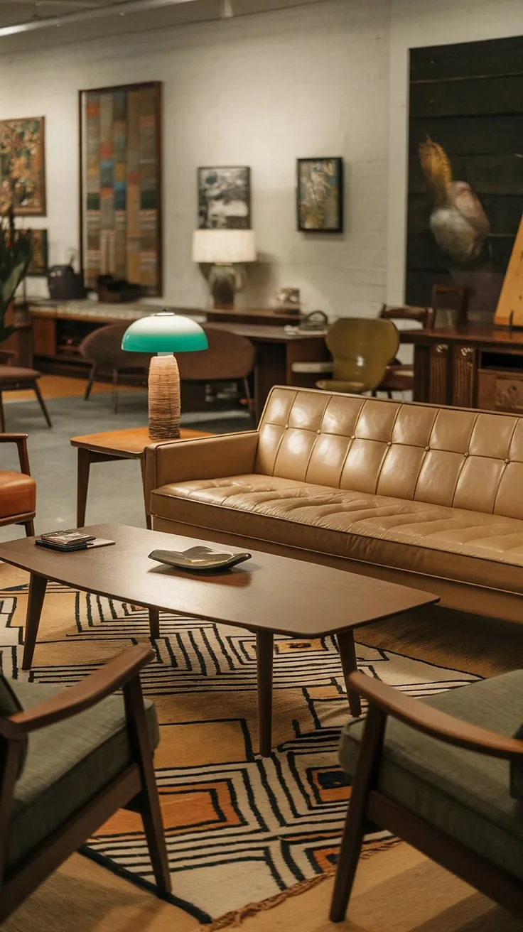 Sun-drenched afternoons and sophisticated style. This mid-century modern living room, with its creamy leather sofa and geometric rug, is the epitome of timeless elegance. The warm wood tones and pops of color create a space that's both inviting and effortlessly chic. A perfect blend of comfort and classic design.