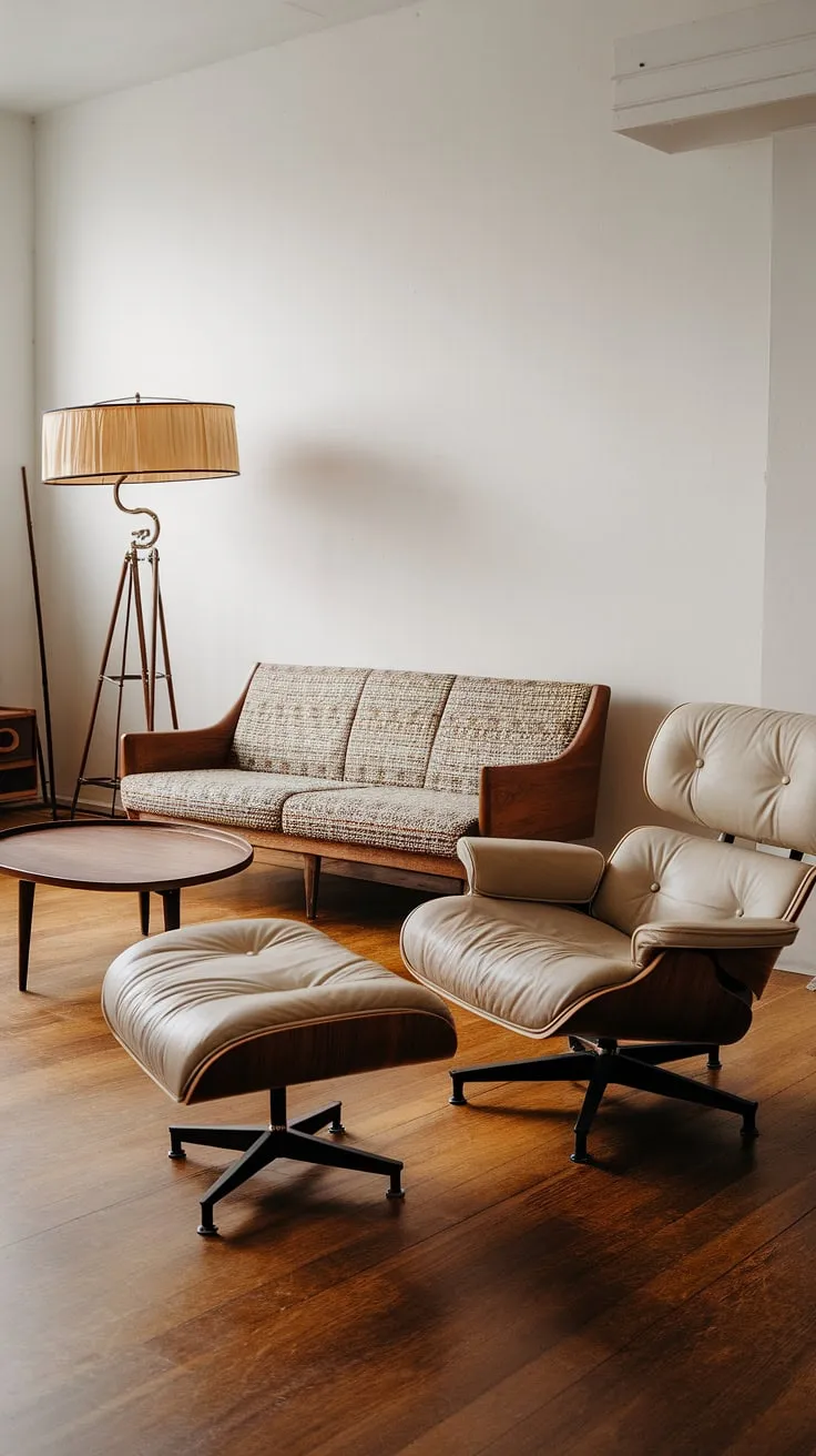 A sanctuary of mid-century design, this living room effortlessly blends comfort and style. The carefully curated pieces, from the iconic lounge chair and ottoman to the statement sofa and A, create a harmonious and inviting atmosphere. Every detail, from the warm wood tones to the soft lighting, speaks to a love of classic design and a commitment to creating a space that feels both stylish and utterly A.
